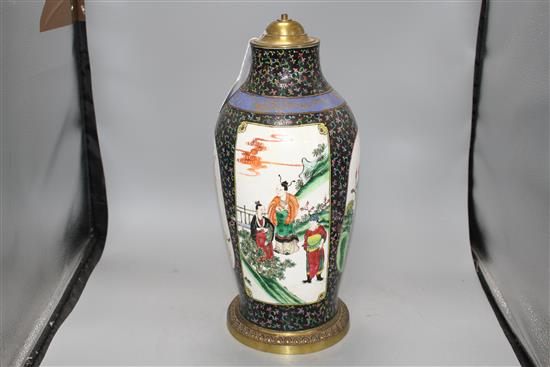 A Chinese enamelled porcelain vase, mounted as a table lamp, height overall 46cm, height of vase without mounts 40cm